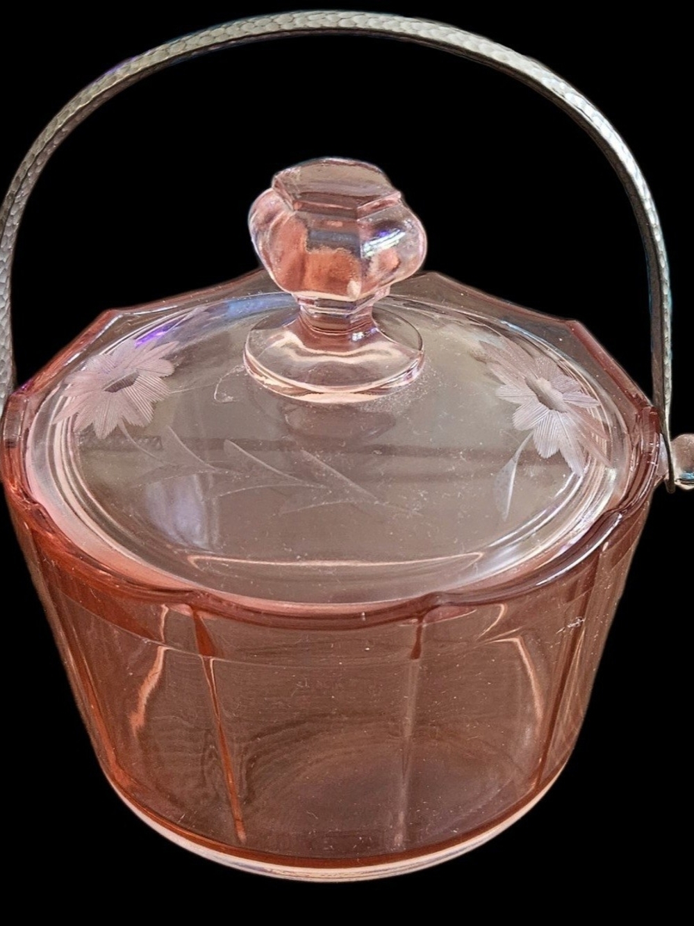 Vintage 1930s Pink Depression Glass Ice Bucket / Biscuit Jar with Lid & Handle -